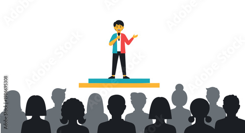 Business presentation, public speaking, speaker on stage, audience silhouettes, colorful flat illustration