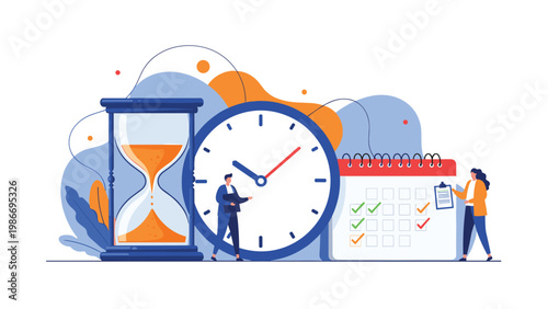 Time management and scheduling concept featuring hourglass large clock calendar and professional characters organizing deadlines and tasks.