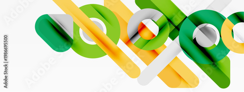 Abstract design features overlapping colorful rounded shapes. Bright green, yellow, gray elements create dynamic composition. Modern aesthetic.