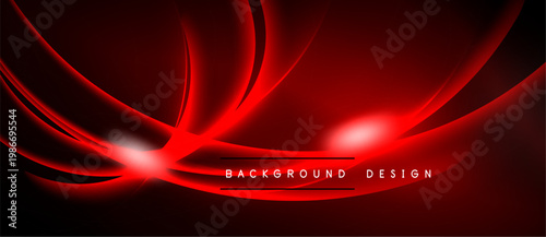 Abstract red design. Dynamic curves radiate from central point, creating energetic visual impact. Dark background enhances luminosity.