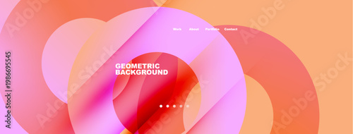 Abstract geometric shapes, pink hues dominate design. Text displays work, about, portfolio, contact options. Modern, vibrant visual presentation.