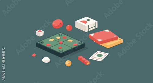 This minimalist vector illustration showcases stylized board game components, including a green board and colorful pieces, over a dark background.