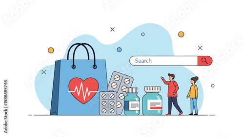 Online healthcare and pharmacy shopping concept featuring characters near large shopping bag with heart symbol pills and medicine bottles.
