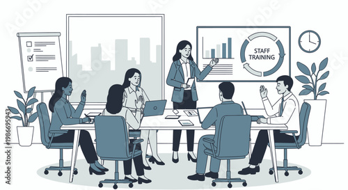 Businesswoman giving staff training presentation.