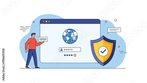 Website security and internet protection concept featuring man next to large browser window with globe and gold security shield icon.