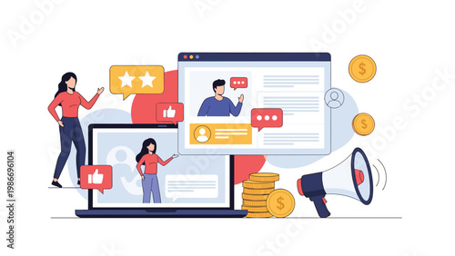Influencer marketing and social media engagement concept featuring screens with user profiles megaphone coins and various reaction icons.
