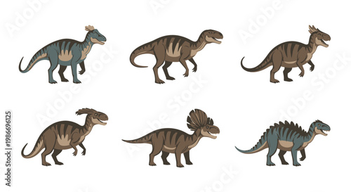 Group of toy dinosaurs walking together.