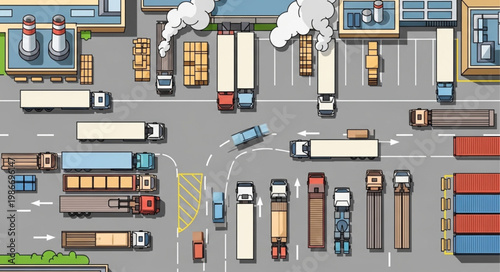 Aerial View of a Busy Industrial Shipping Yard with Trucks.