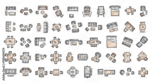 Detailed Furniture Layout Icons – 2D Floor Plan Vector Top View Collection
