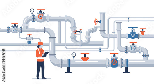 Industrial worker inspecting pipe system.