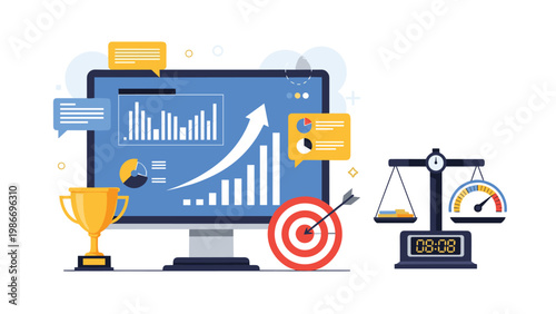 Data analysis and performance measurement concept with computer screen showing charts, a trophy, target, and weighing scales.