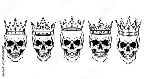 Skulls wearing crowns in line.