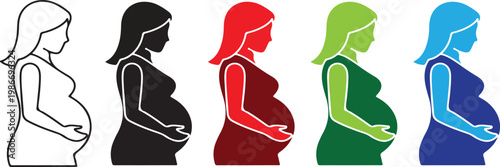 Pregnant woman profile silhouette collection with colorful variations for maternity design.