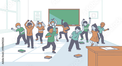 Students in a classroom throwing books.