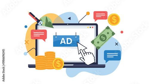 Online advertising and monetization concept illustrates a laptop with an ad banner surrounded by money, coins, and chat bubbles.