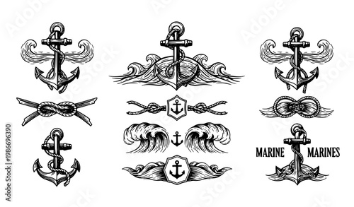 Anchor and waves design elements – vintage nautical marine emblem vector