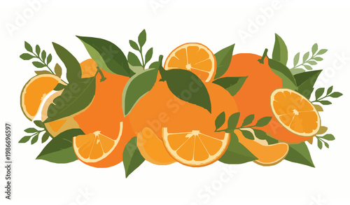 Orange medley with leaves – fresh citrus vector illustration