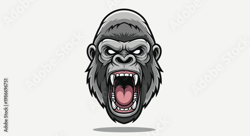 Aggressive Gorilla Head Illustration with Open Mouth and Sharp Teeth.