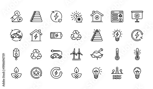 Energy saving flat icon set – efficiency and power consumption vector collection