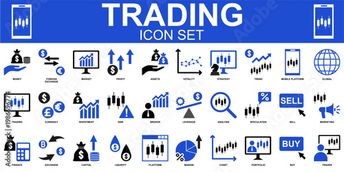 Trading icon set vector for finance apps. Ideal for symbolizing smart market exchanges, wealth growth tracking, and modern economic investment concepts.