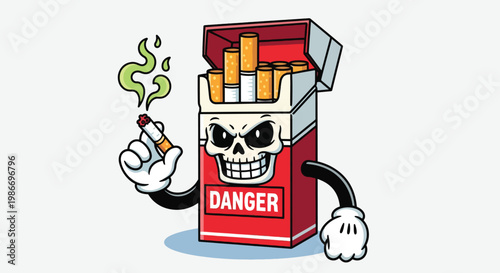 Cartoon Cigarette Pack with Skull Face and Danger Sign.