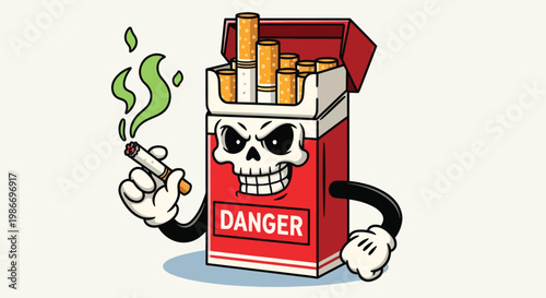 Danger of Smoking Cigarette Skull Pack Cartoon.