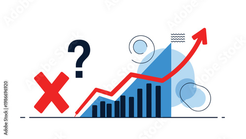 Business uncertainty and financial risk analysis concept features a rising bar chart alongside a question mark and a red X.