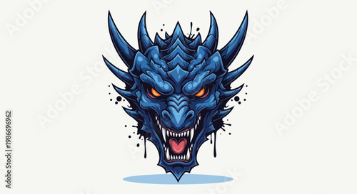 Fierce Blue Dragon Head with Glowing Eyes and Sharp Teeth.