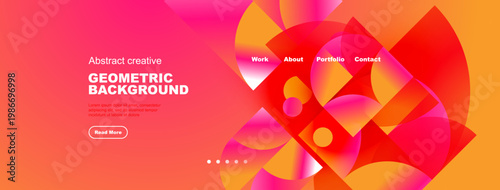 Abstract geometric background features vibrant pinks, oranges, reds. Text elements present, navigation visible. Modern design aesthetic.
