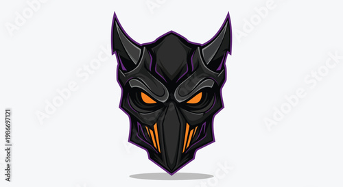 Scary Black Demon Mask with Glowing Orange Eyes and Sharp Teeth.