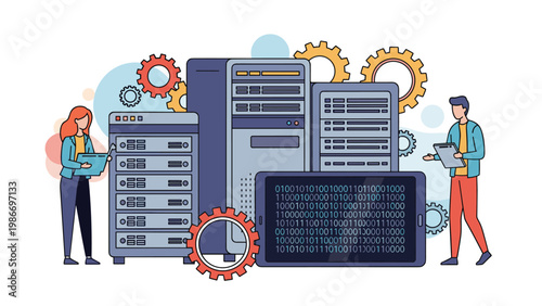Data center management and IT infrastructure concept features people working with server racks, gears, and a tablet with code.