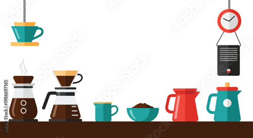 This flat vector illustration showcases various coffee-making tools, including carafes, mugs, and a dripper, arranged neatly on a dark countertop.