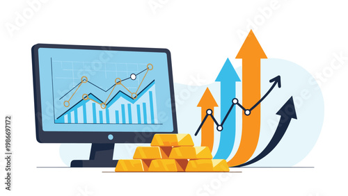 Financial market growth and gold investment concept illustrates a computer monitor with line charts next to solid gold bars.