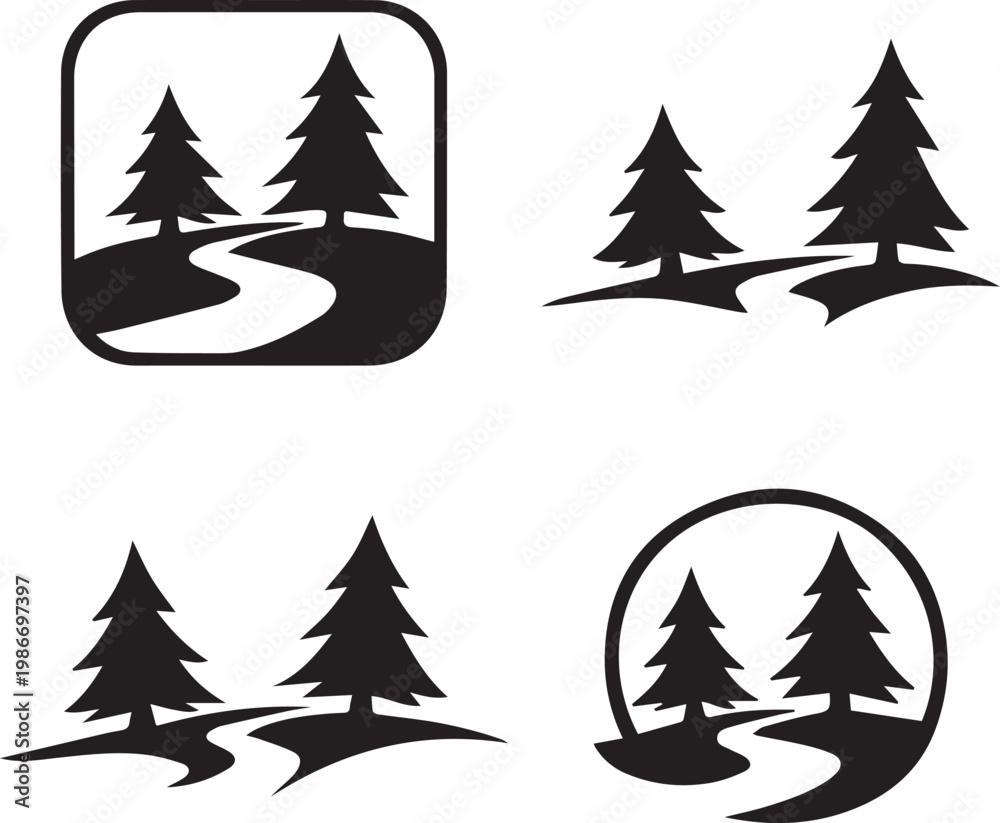 Fototapeta premium evergreen trees path icon set nature hiking outdoor silhouette vector illustration