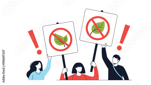 Environmental protest and social activism concept shows people holding signs with prohibited leaf symbols and exclamation marks.