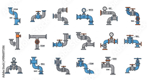 Collection of Industrial Pipe Fittings and Plumbing Elements.
