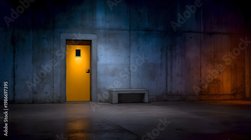 disavowal. Construction site with abstract industrial elements, metal and concrete textures, and dramatic side lighting. real-estate listings.