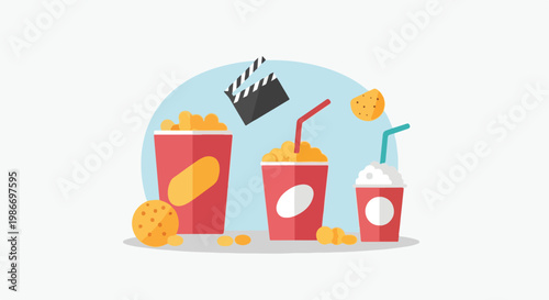 Vibrant flat vector illustration of movie snacks featuring popcorn, beverages, and cookies alongside a clapperboard against a soft blue background.