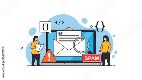 Women checking email on a laptop with a magnifying glass to detect spam and cyber security threats in a digital workspace.