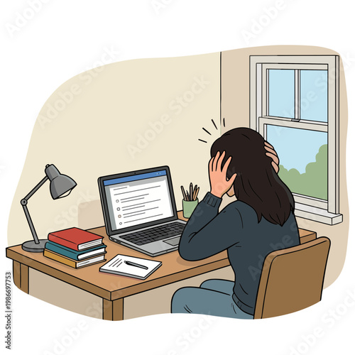 A frustrated woman sits at her desk in front of a laptop and books, rubbing her temples in a home office.