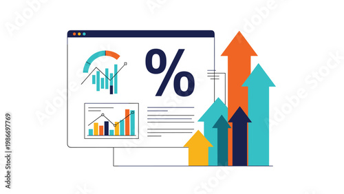 Computer monitor displaying financial bar charts and a percentage sign with large arrows pointing up for rapid market growth.