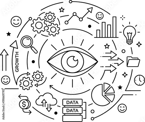 Data analysis and business growth concept with eye symbol on white background isolated