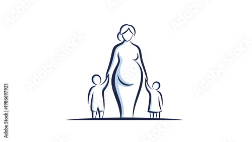 Simple blue outline drawing of a pregnant woman holding the hands of a small boy and a small girl on a white background.