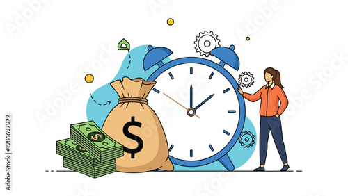 Woman standing by a large alarm clock and a bag of money to symbolize time management and smart financial investment goals.
