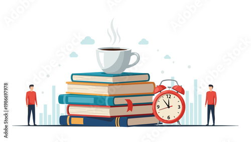 Cup of hot coffee on a stack of books next to a red alarm clock for a productive morning study or professional work session.