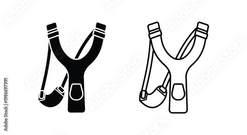 Two black and white illustrations of a classic slingshot or catapult design