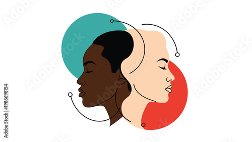 Profile silhouettes of two women, one with dark skin and one with light skin, facing opposite directions on a white background.