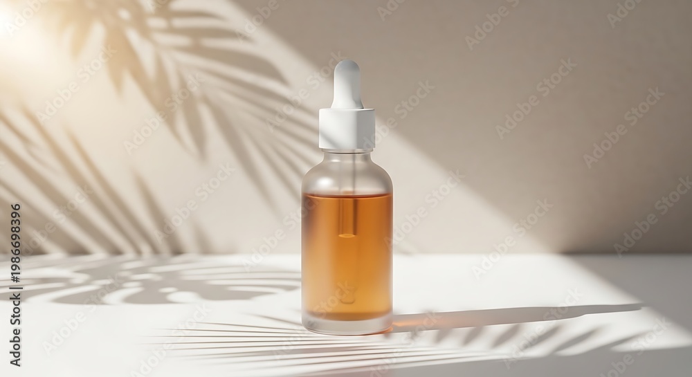 Fototapeta premium Clear glass dropper bottle with amber serum, casting palm leaf shadows on a neutral background.