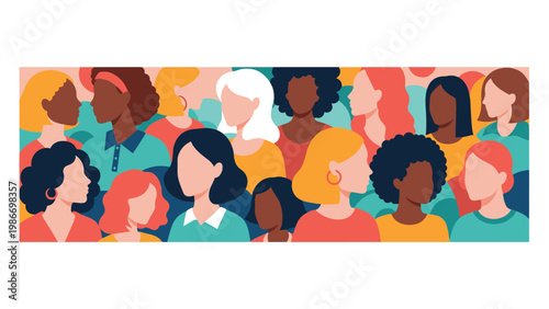 Crowd of diverse women of different ethnicities and hairstyles are shown in a dense composition representing unity and feminism.