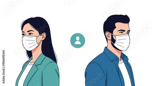 Man and woman wearing medical face masks looking away from each other represent social distancing and safety during a health crisis.